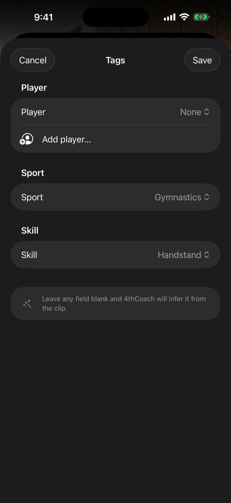 A clip's Tags editor showing the Player picker with an Add player row, plus Sport and Skill fields