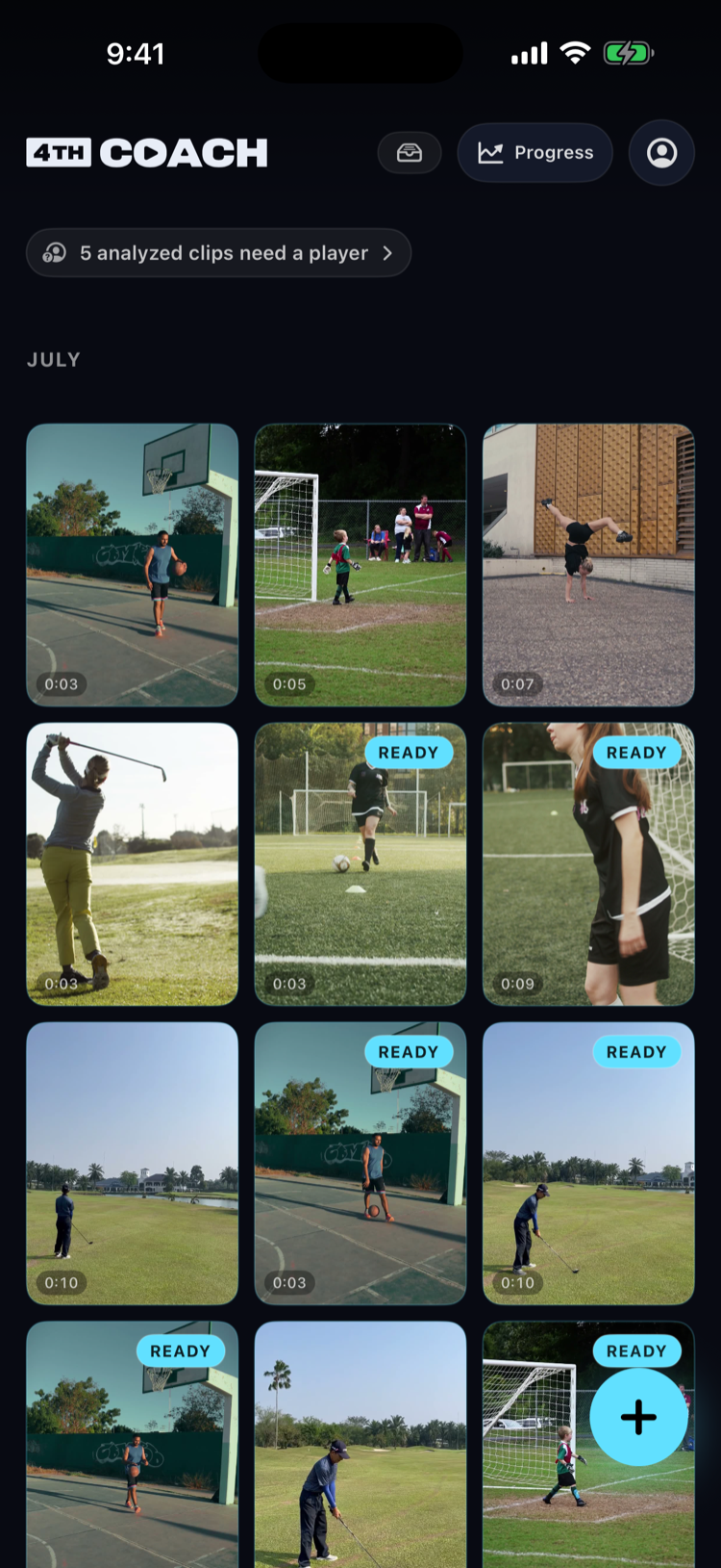 4thCoach library home screen: a grid of clips with READY badges and the + capture button in the bottom-right corner